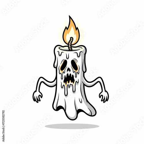 Cartoonish Candle Character with Dripping Wax and Spooky Facial Features.