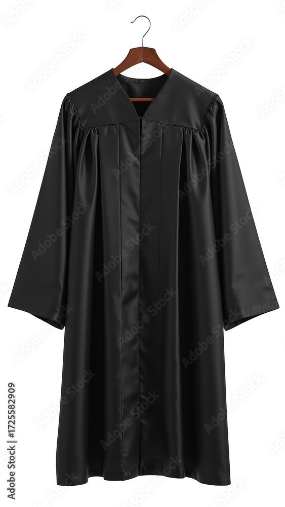 Fototapeta premium Graduation gown hanging on wooden hanger, showcasing sleek black design, symbolizing achievement and academic success