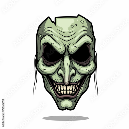 Cracked Pale Green Mask with Sinister Grin and Dark Eye Sockets.