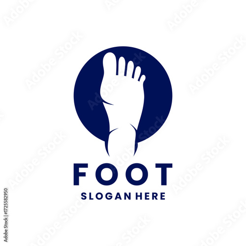 Human feet combination with circle logo design template, Footprint with circle navy blue color vector logo.