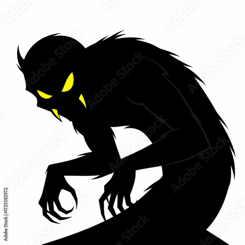Hunched Silhouette with Glowing Yellow Eyes and Sharp Fangs Menacing Creature.