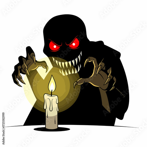 Shadowy Figure with Glowing Red Eyes and Sharp Teeth Illuminated by Candlelight.