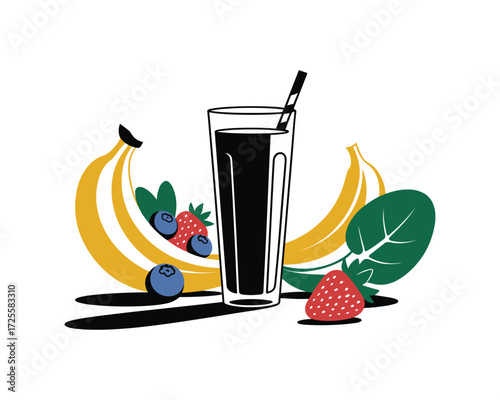 Healthy smoothie ingredients with banana berries spinach and a tall glass of dark liquid