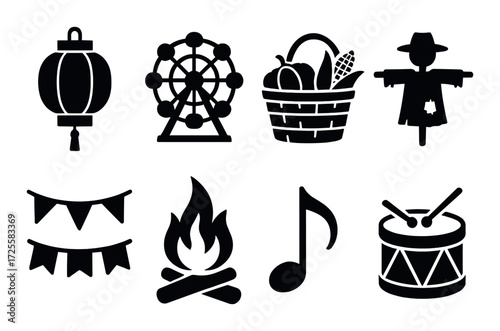 Silhouette icons of festival elements: lantern, ferris wheel, basket, scarecrow