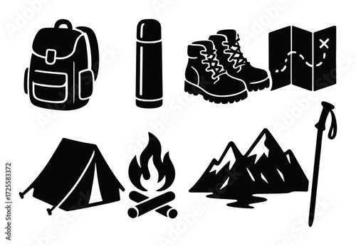 Silhouette icons of camping gear and outdoor adventure essentials
