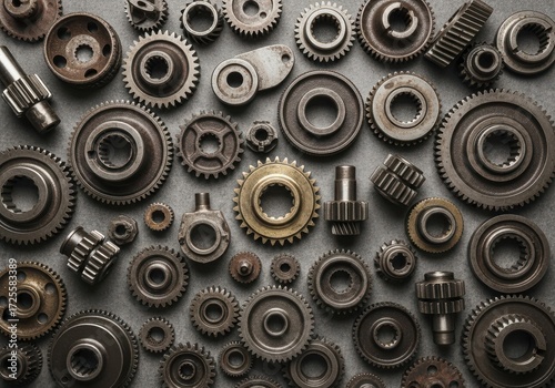Wallpaper Mural A collection of various metal gears and cogs of different sizes and types arranged on a textured surface Torontodigital.ca