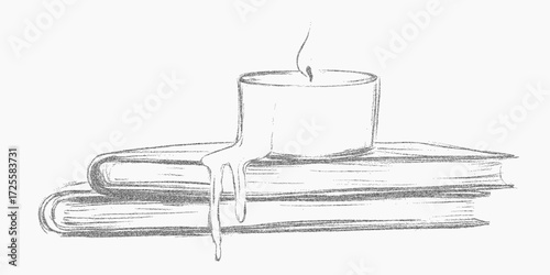 Candle on a stack of books. Monochrome element with faded grain dusty threshold and uneven stipple. Worn texture with scattered ink particles and fine scratches.