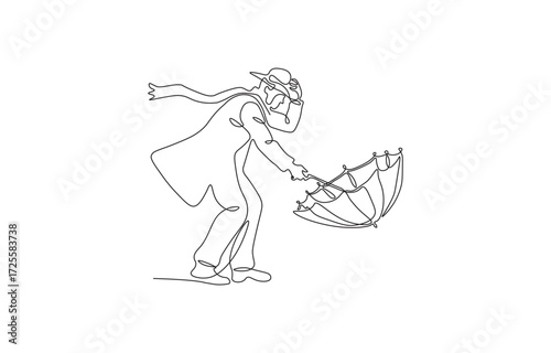 one line drawing woman umbrella, continuous line art umbrella, woman shielding from wind, windy weather line art, umbrella line art vector, one line sketch umbrella, continuous drawing woman umbrella,