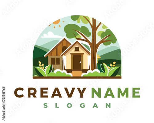Eco house logo or icon design with tree and grass for eco friendly real estate and building design illustration