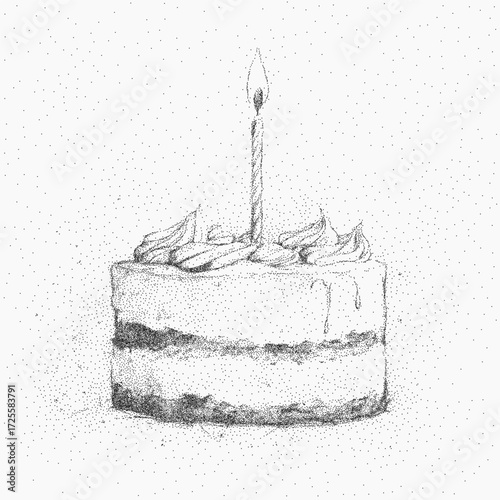 A piece of birthday cake with a candle. Graphic figure with textured grit, old ink spots, and smudged grain. Surface filled with dust, scratches, and soft threshold contrast.