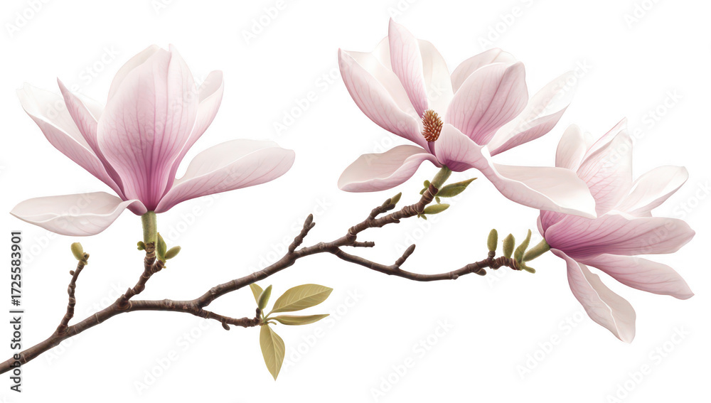 Fototapeta premium A serene close-up of blooming magnolia flowers on a delicate branch. their soft pink and white petals against a clean white background. perfect for nature-themed designs or floral decor