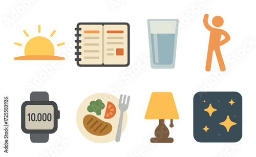 Daily habits: sunrise, meal, hydration, exercise, steps, reading, sleep, relaxation icons