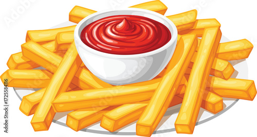 French Fries with Ketchup Bowl Illustration – Crispy Golden Snack with Rich Red Sauce on Plate, Perfect for Fast Food, Casual Dining, or Culinary Design Themes