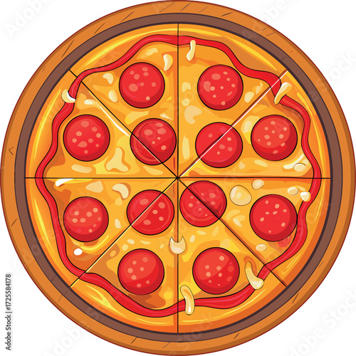 Delicious Italian pizza vector illustration with cheese, pepperoni, tomato, and mushroom slices for a fast dinner meal