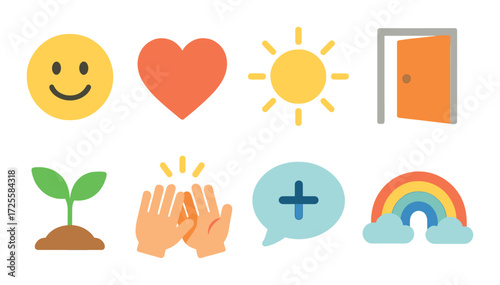 Set of lightly glowing emojis: smiley, heart, sun, door, seedling, praying hands, speech bubble, rainbow
