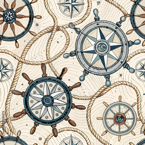 Seamless pattern of nautical tools against a white background