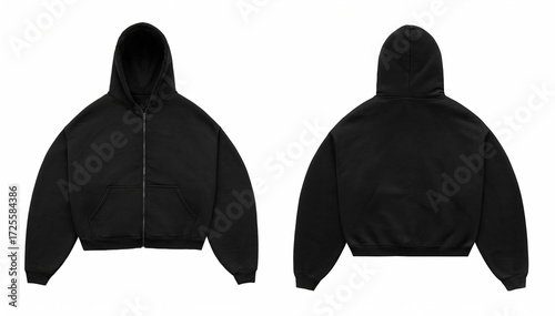 Black Hoodie Sweatshirt with Zipper Front and Back View Isolated on White Background