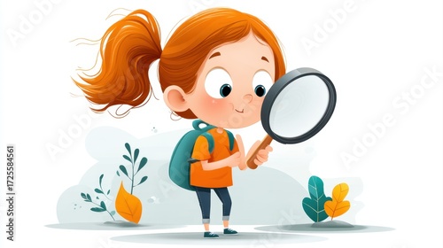 A curious girl with a ponytail examines something closely with a magnifying glass, wearing a backpack outdoors.