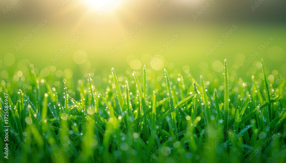 Obraz premium Close-up of morning dew on grass against a soft bokeh background with copy space