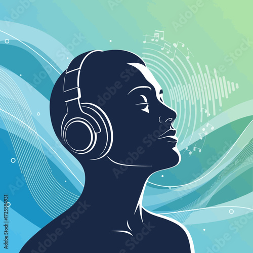 Immersive sound experience with a person enjoying music through headphones, surrounded by vibrant abstract waves and sound visualizations.
