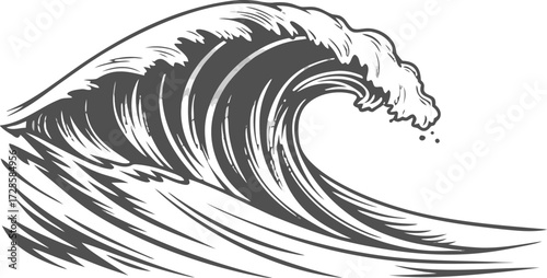 A dramatic monochrome illustration of a powerful ocean wave cresting and breaking, conveying the immense force and beauty of the sea