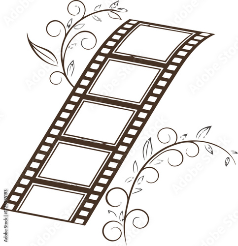 Elegant vector illustration of a vintage film strip adorned with graceful swirling vines and empty frames, representing creativity, memories, and classic cinematography