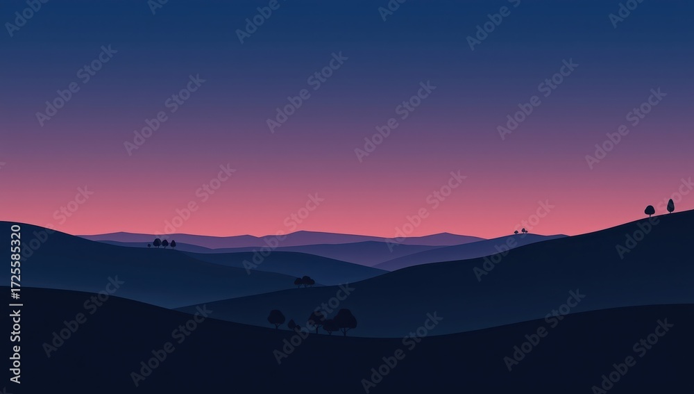 Obraz premium A serene landscape of rolling hills, outlined in silhouette, bathed in the soft hues of a twilight sky.