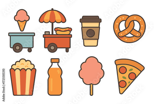 Colorful cartoon food icons featuring snacks and treats