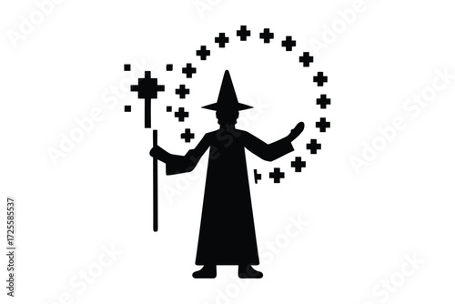 A silhouette of a wizard wearing a robe and using a wand to create stars