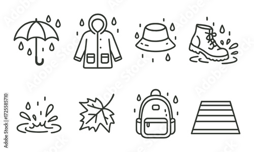 Rainy day essentials: umbrella, raincoat, hat, boots, splash, leaf, backpack, staircase line icons