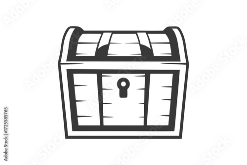 A striking monochrome treasure chest icon features heavy borders and minimal interior detailing