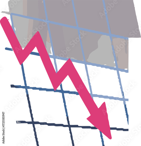 Vector illustration of a descending pink arrow on a grid chart, symbolizing financial crisis, economic recession, and business failure