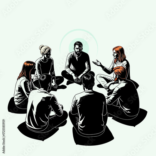 Diverse group actively engages in supportive circle discussion fostering connection and shared understanding in a serene setting