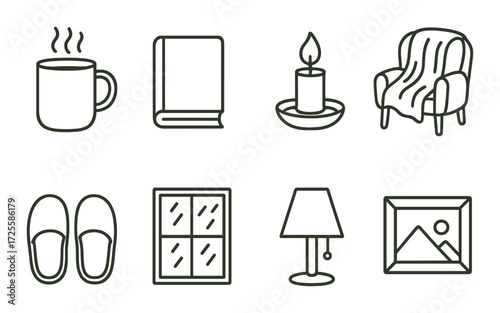 Cozy home icons set with book, candle, mug, chair, window, lamp, and slippers on brown background