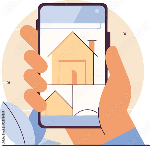 Digital Real Estate Search Hand holding a smartphone displaying multiple house listings, representing convenient online property browsing and home finding