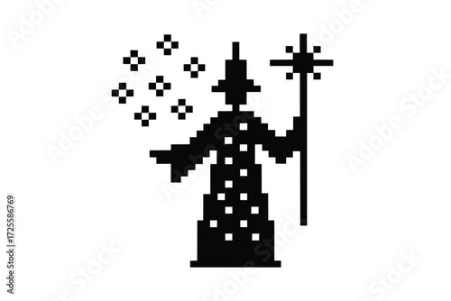 Bearded wizard holds a staff with magical sparkles around it using pixelated artwork