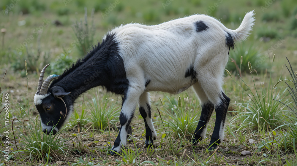 Obraz premium A young goat grazes in a field. Little goat in the zoo. Goat on the verme. Black and white goat on the farm. Goat, animals, farm, wild, goat, ram