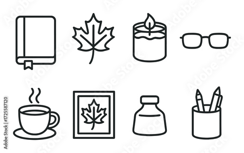 Autumn symbols: leaf, candle, coffee, book, eyeglasses, frame, ink, pencils