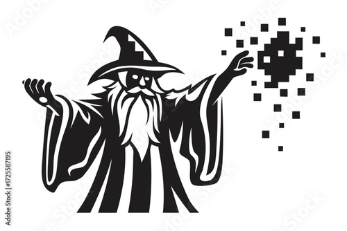 Black and white wizard casting a pixelated spell with his magical powers gracefully