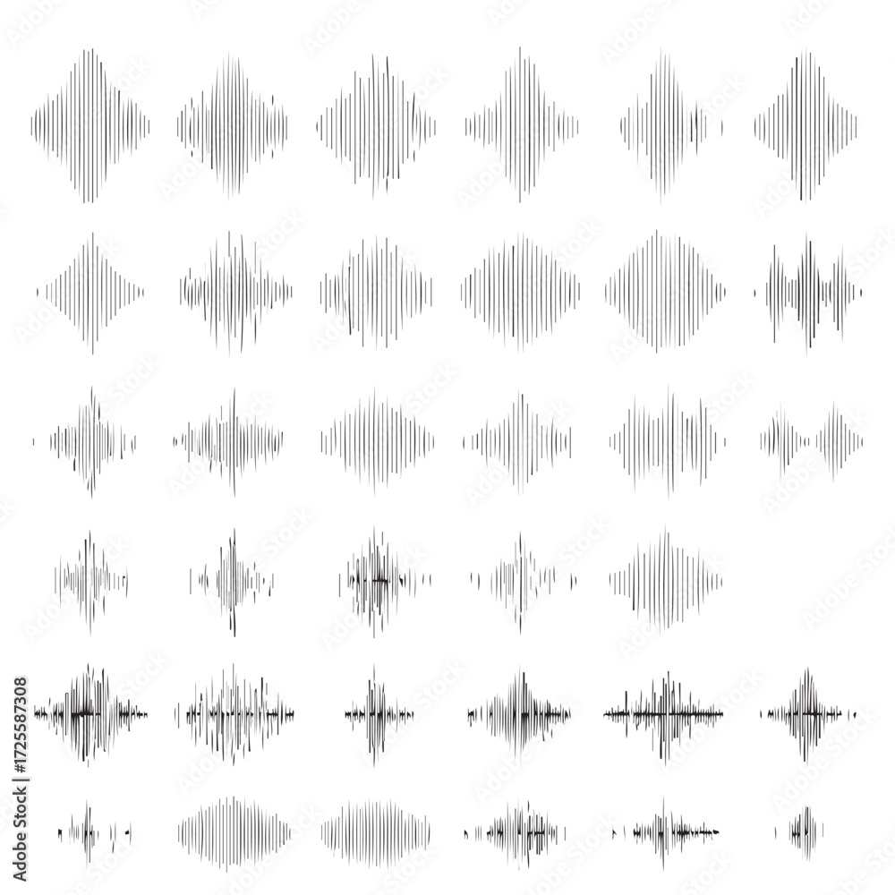Fototapeta premium Podcast sound waves set. Line icons of audio waveforms, sound frequencies, and microphone signals for music, podcasts, broadcasting, UI, and audio branding. Isolated vector PNG collection.