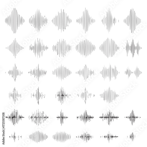 Podcast sound waves set. Line icons of audio waveforms, sound frequencies, and microphone signals for music, podcasts, broadcasting, UI, and audio branding. Isolated vector PNG collection.