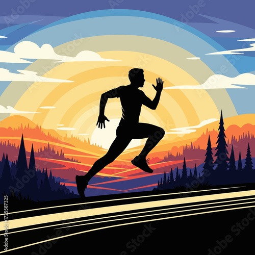 Dynamic runner silhouetted against a vibrant sunrise over a majestic forest landscape, embodying strength and determination for peak performance.