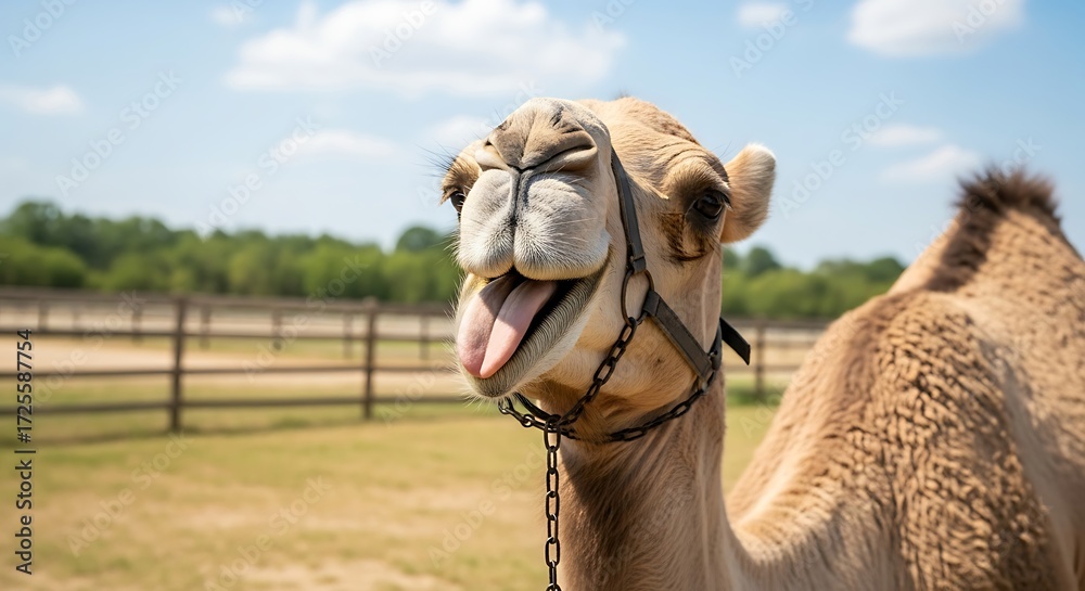 Obraz premium Close-up of a Funny Camel Sticking Out Its Tongue on a Sunny Day