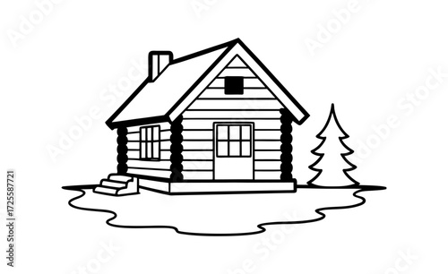 Simple Black and White Line Art Illustration of a Log Cabin in the Woods on white background