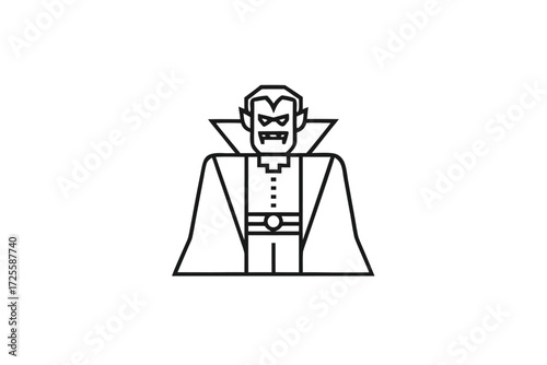 Black outline showcases a simple yet eerie vampire with a prominent cape and fangs