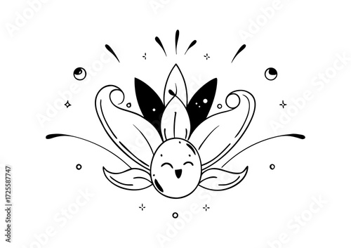 Cute Bird Emerging from a Lotus Flower Bud in Black and White Illustration on white background