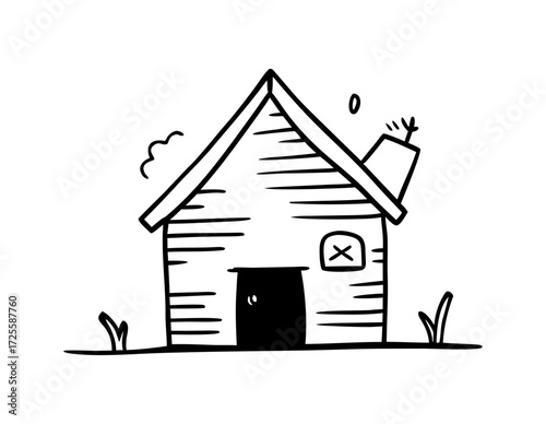 Simple Hand Drawn House Illustration with Chimney and Grass in Black and White on white background