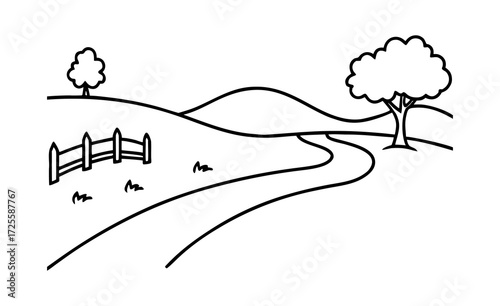 Simple Black and White Line Drawing of a Rural Landscape with Trees and Hills on white background