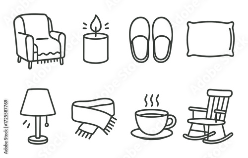 Cozy home essentials - armchair, candle, slippers, pillow, lamp, scarf, coffee, rocking chair