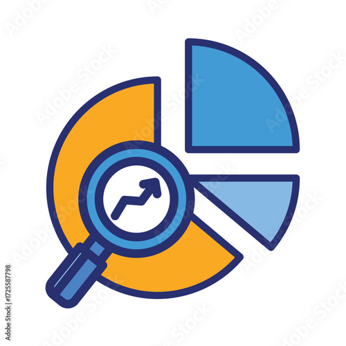 Pie chart and analysis magnifying glass icon for business reports, data analysis, financial presentations, market research, statistics, infographics.